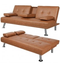 Brown Modern Faux Leather Cup Holders Convertible Sofa Bed Futon Sleeper