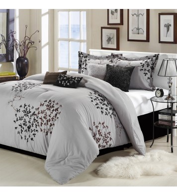 Queen size 8-Piece Comforter Set in Silver Gray Black Brown Floral