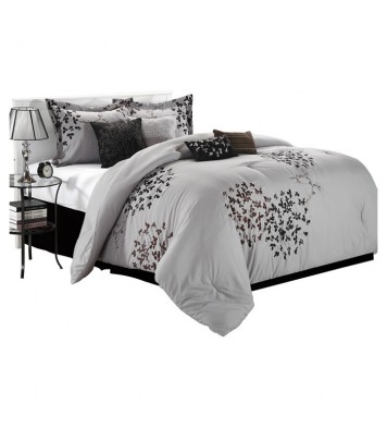 Queen size 8-Piece Comforter Set in Silver Gray Black Brown Floral