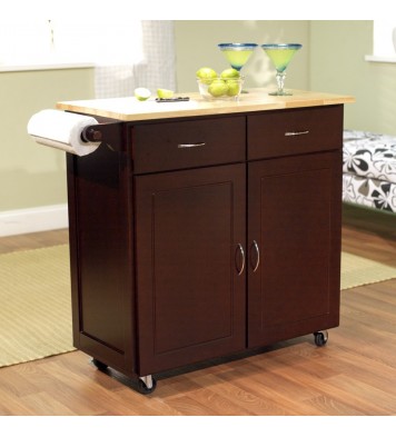 43-inch W Portable Kitchen Island Cart with Natural Wood Top in Espresso