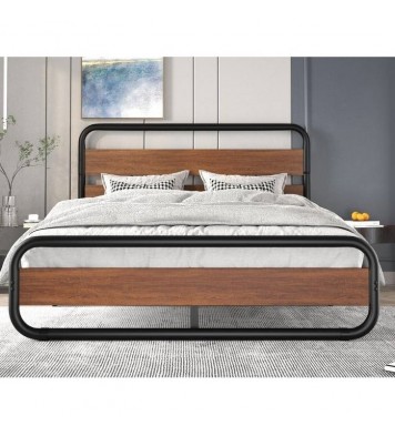 Full Heavy Duty Industrial Modern Metal Wood Platform Bed Frame with Headboard