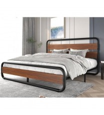 Full Heavy Duty Industrial Modern Metal Wood Platform Bed Frame with Headboard