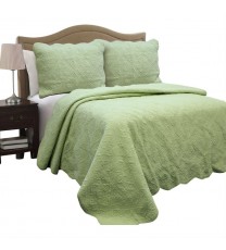 Full Queen Green Cotton Quilt Bedspread with Scalloped Borders