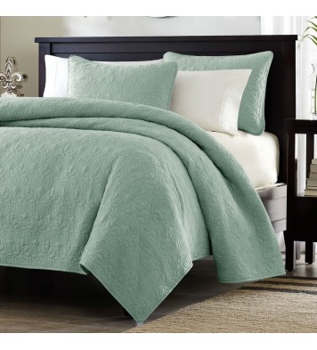 King size Seafoam Green Blue Coverlet Set with Quilted Floral Pattern