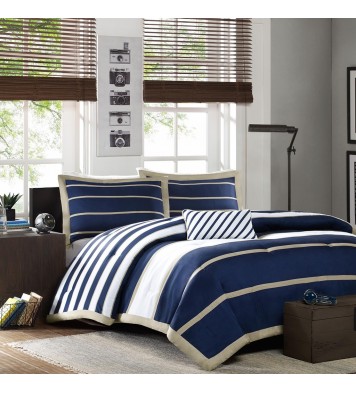 Full / Queen size Comforter Set in Navy Blue White Khaki Stripe