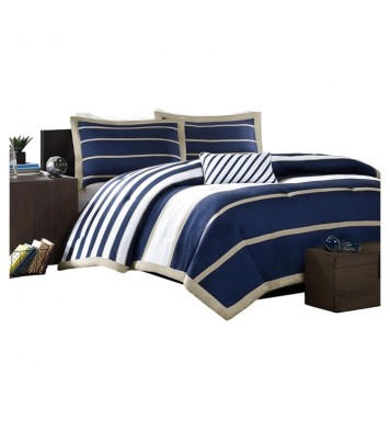 Full / Queen size Comforter Set in Navy Blue White Khaki Stripe