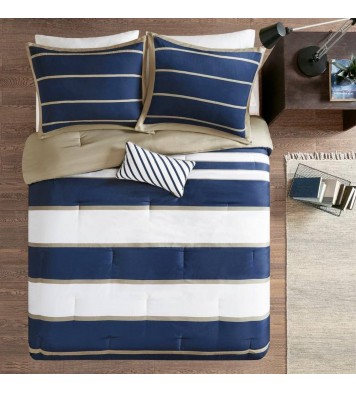 Full / Queen size Comforter Set in Navy Blue White Khaki Stripe