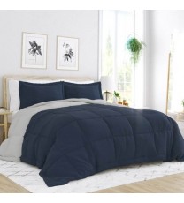 Full/Queen 3-Piece Microfiber Reversible Comforter Set in Navy Blue and Grey