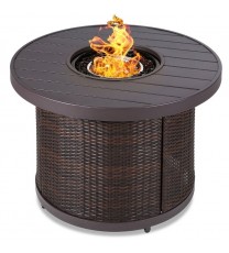 50,000 BTU Brown Wicker Round LP Gas Propane Fire Pit w/ Faux Wood Tabletop and Cover