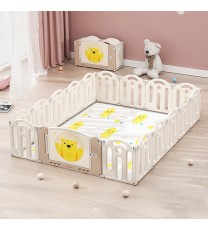 Bear Beige White Color Foldable Playpen, Baby Safety Play Yard With Fence Indoor Toys With Play mat 16panel and 1 play mat