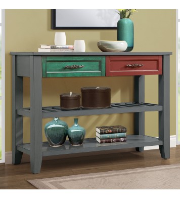 Console Sofa Table with 2 Storage Drawers and 2 Tiers Shelves, Mid-Century Style 42'' Solid Wood Buffet Sideboard for Living Room Furniture Kitchen Dining Room Entryway Hallway, Antique Grey + Drawer