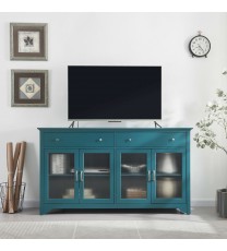 66" TV Console, Storage Buffet Cabinet, Sideboard with Glass Door and Adjustable Shelves, Console Table, Teal Blue