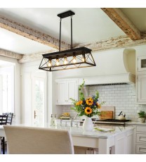 5-Light Farmhouse Chandeliers for Dining Room, Metal Rustic Pendant Island Light Fixture, Modern Rectangular Island Lights for Kitchen, Living Room(No Bulbs)