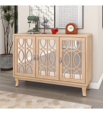 TREXM Sideboard with Glass Doors, 3 Door Mirrored Buffet Cabinet with Silver Handle for Living Room, Hallway, Dining Room (Natural Wood Wash)