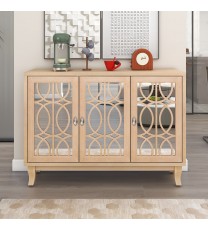 TREXM Sideboard with Glass Doors, 3 Door Mirrored Buffet Cabinet with Silver Handle for Living Room, Hallway, Dining Room (Natural Wood Wash)