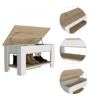 Austin Storage Table; One Extendable Table Shelf; Four Legs; Lower Shelf -Light Oak / White