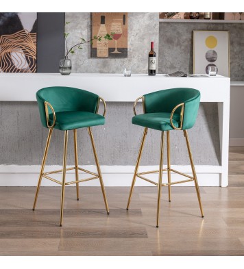 30 Inch Set of 2 Bar Stools,with Chrome Footrest and Base Velvet + Golden Leg Simple Bar Stool,GREEN