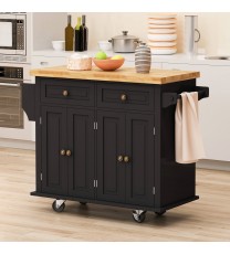 Kitchen Island Cart with Two Storage Cabinets and Two Locking Wheels, 43.31 Inch Width, 4 Door Cabinet and Two Drawers, Spice Rack, Towel Rack (Black)