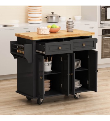 Kitchen Island Cart with Two Storage Cabinets and Two Locking Wheels, 43.31 Inch Width, 4 Door Cabinet and Two Drawers, Spice Rack, Towel Rack (Black)