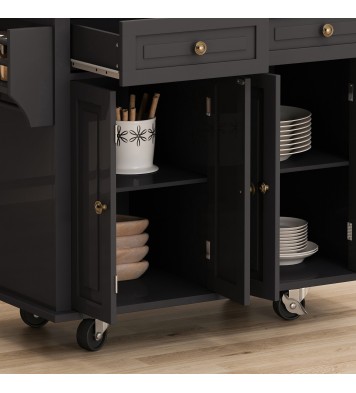 Kitchen Island Cart with Two Storage Cabinets and Two Locking Wheels, 43.31 Inch Width, 4 Door Cabinet and Two Drawers, Spice Rack, Towel Rack (Black)