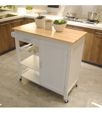 Kitchen Island Cart with drawers, cabinets, wine racks, partitions, towel racks, White-Beech