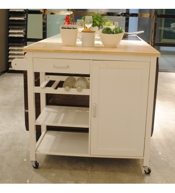 Kitchen Island Cart with drawers, cabinets, wine racks, partitions, towel racks, White-Beech