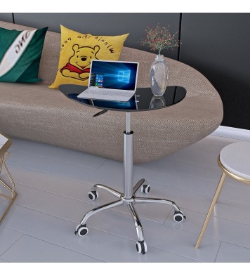 Adjustable Height Black Tempered Glass Table Desk Table with Lockable Wheels(Adjustable Range 24.2 "~32.7 ")