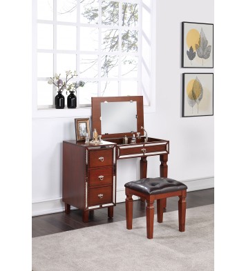 Traditional Formal Cherry Color Vanity Set w Stool Storage Drawers 1pc Bedroom Furniture Set Tufted Seat Stool