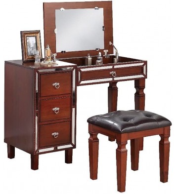 Traditional Formal Cherry Color Vanity Set w Stool Storage Drawers 1pc Bedroom Furniture Set Tufted Seat Stool