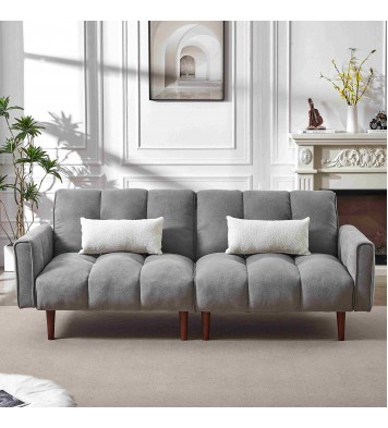 Convertible Futon Sofa Bed, Adjustable Couch Sleeper, Modern Fabric Linen Upholstered Futon Sofa bed with Wooden Legs & 2 Pillows for Apartment, Living Room, Studio. (Grey)