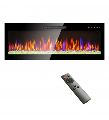 50 inch recessed ultra thin tempered glass front wall mounted electric fireplace with remote and multi color flame & emberbed, LED light heater