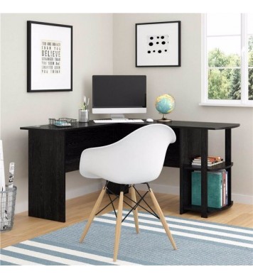 FCH L-Shaped Wood Right-angle Computer Desk with Two-layer Bookshelves Black