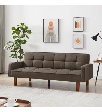 Brown Linen Sofa Bed, Convertible Sleeper Sofa with Arms, Solid Wood Feet and Plastic Centre Legs