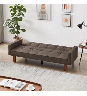 Brown Linen Sofa Bed, Convertible Sleeper Sofa with Arms, Solid Wood Feet and Plastic Centre Legs