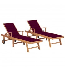 Sun Loungers 2 pcs with Wine Red Cushion Solid Teak Wood