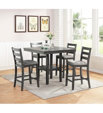 Classic Dining Room Furniture Gray Finish Counter Height 5pc Set Square Dining Table w Shelves Cushion Seat Ladder Back High Chairs Solid wood