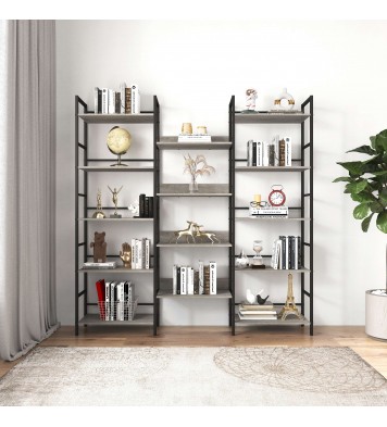 Triple Wide 5-shelf Bookshelves Industrial Retro Wooden Style Home and Office Large Open Bookshelves, Grey, 69.3"W x 11.8"D x 70.1"H