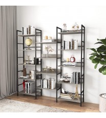 Triple Wide 5-shelf Bookshelves Industrial Retro Wooden Style Home and Office Large Open Bookshelves, Grey, 69.3"W x 11.8"D x 70.1"H