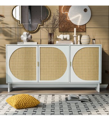 U_Style Storage Cabinet with Rattan Door, Mid Century Modern Storage Cabinet with Adjustable Shelves, Accent Cabinet Buffet Cabinet for Living Room, Entryway