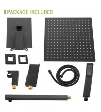 Shower System with Waterfall Tub Spout,12 Inch Wall Mounted Square Shower System with Rough-in Valve,Matte black