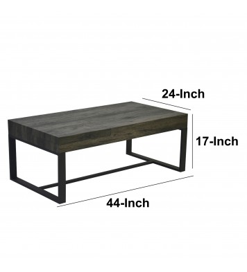 Rectangular Wooden Coffee Table with Hidden Storage and Metal Sled Base, Gray and Black