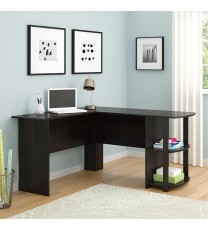 FCH L-Shaped Wood Right-angle Computer Desk with Two-layer Bookshelves Dark Brown RT