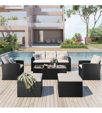 6-piece All-Weather Wicker PE rattan Patio Outdoor Dining Conversation Sectional Set with coffee table, wicker sofas, ottomans, removable cushions