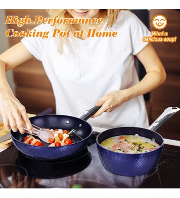 Kitchen Cookware Sets Nonstick Ceramic Bule,1.2 Quart Pot Saucepan with Lid+8 inch Small Frying Pan +9.5 Hard Anodized Frying Skillet Pan, Induction Nonstick Ceramic Flying Cooking Pan Stock Pot