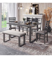 6-Pieces Family Furniture, Solid Wood Dining Room Set with Rectangular Table & 4 Chairs with Bench