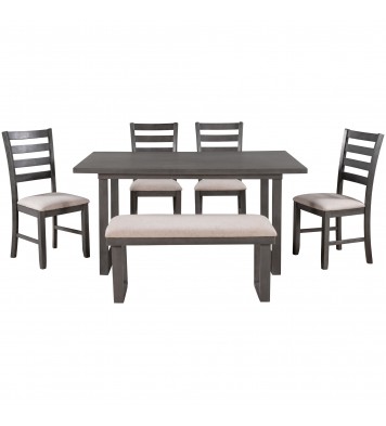 6-Pieces Family Furniture, Solid Wood Dining Room Set with Rectangular Table & 4 Chairs with Bench