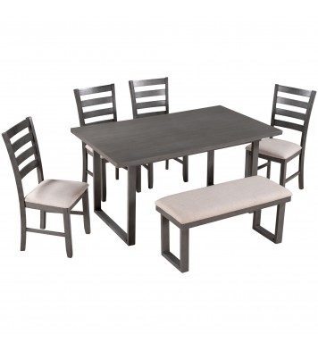 6-Pieces Family Furniture, Solid Wood Dining Room Set with Rectangular Table & 4 Chairs with Bench