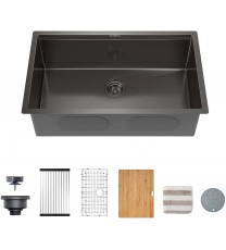 32-Inch Gloss Black Workstation Undermount Single Bowl Kitchen Sink;  16 Gauge Stainless Steel with Ceramic Coating and NanoTek Sink with Bamboo Cutting Board and Drain Tray