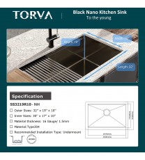 32-Inch Gloss Black Workstation Undermount Single Bowl Kitchen Sink;  16 Gauge Stainless Steel with Ceramic Coating and NanoTek Sink with Bamboo Cutting Board and Drain Tray