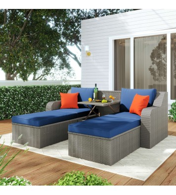 Patio Furniture Sets, 3-Piece Patio Wicker Sofa with Cushions, Pillows, Ottomans and Lift Top Coffee Table